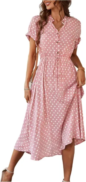 Polka Dot Dress for Women Midi Button Down Dress Short Sleeve V Neck Tie Empire Waist Wedding Guest Dresses Elegant Frocks
