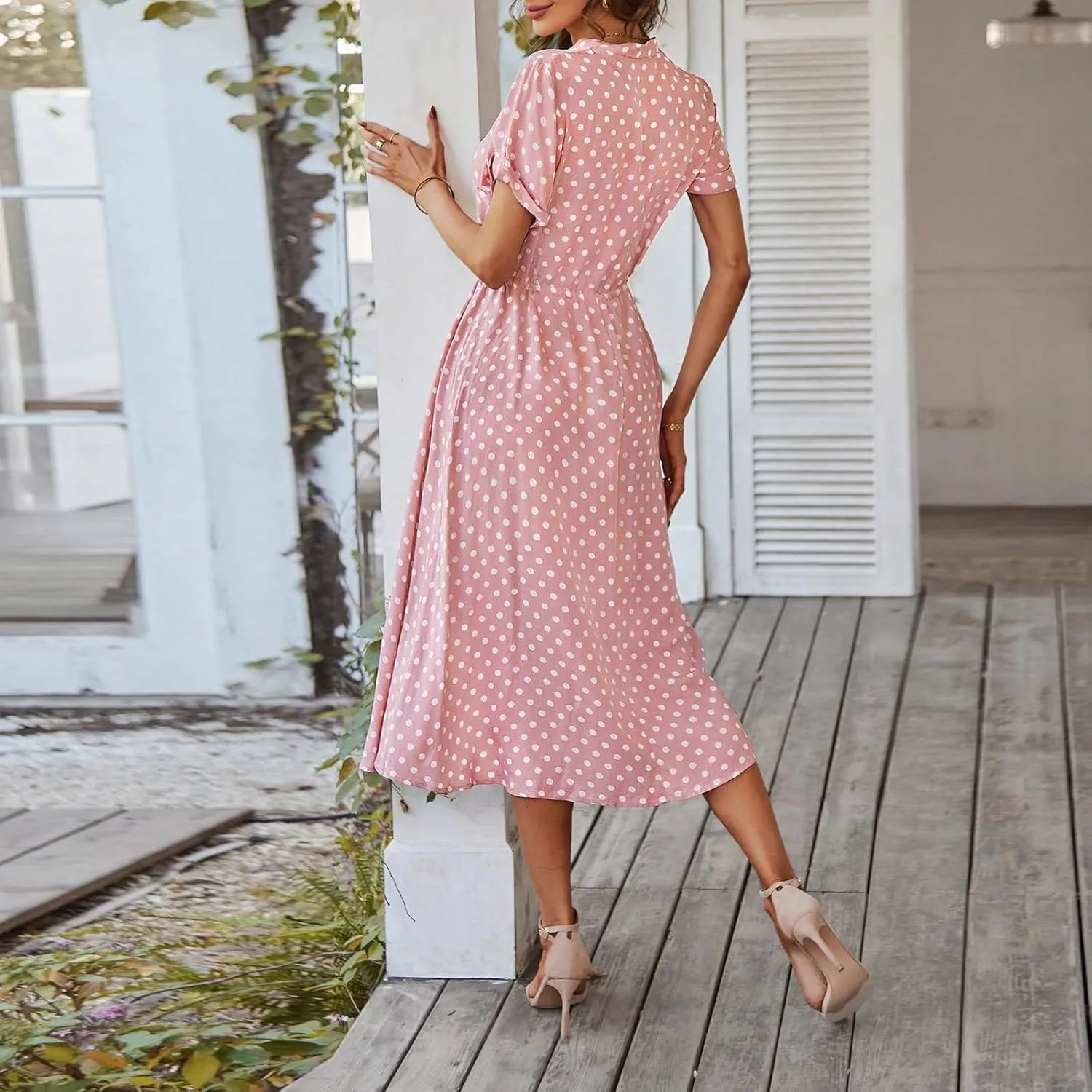 Polka Dot Dress for Women Midi Button Down Dress Short Sleeve V Neck Tie Empire Waist Wedding Guest Dresses Elegant Frocks