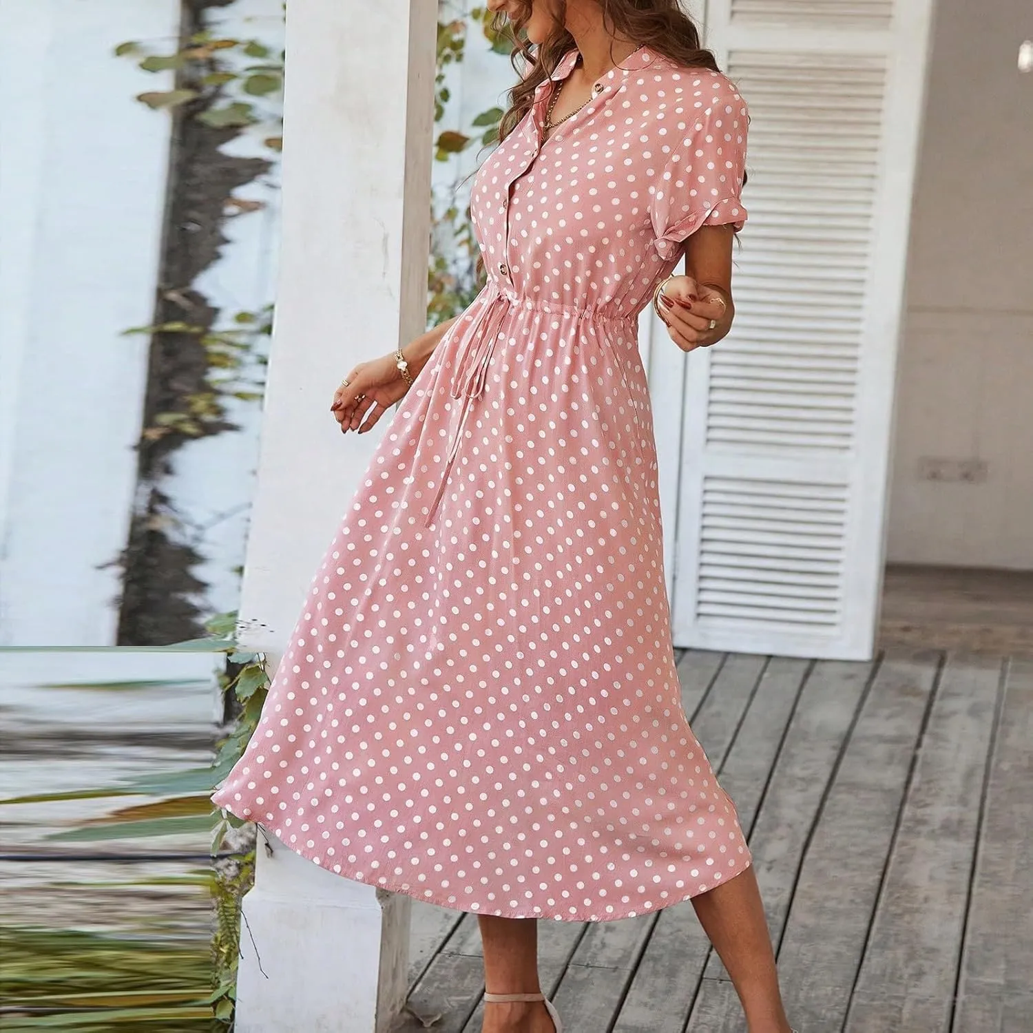 Polka Dot Dress for Women Midi Button Down Dress Short Sleeve V Neck Tie Empire Waist Wedding Guest Dresses Elegant Frocks