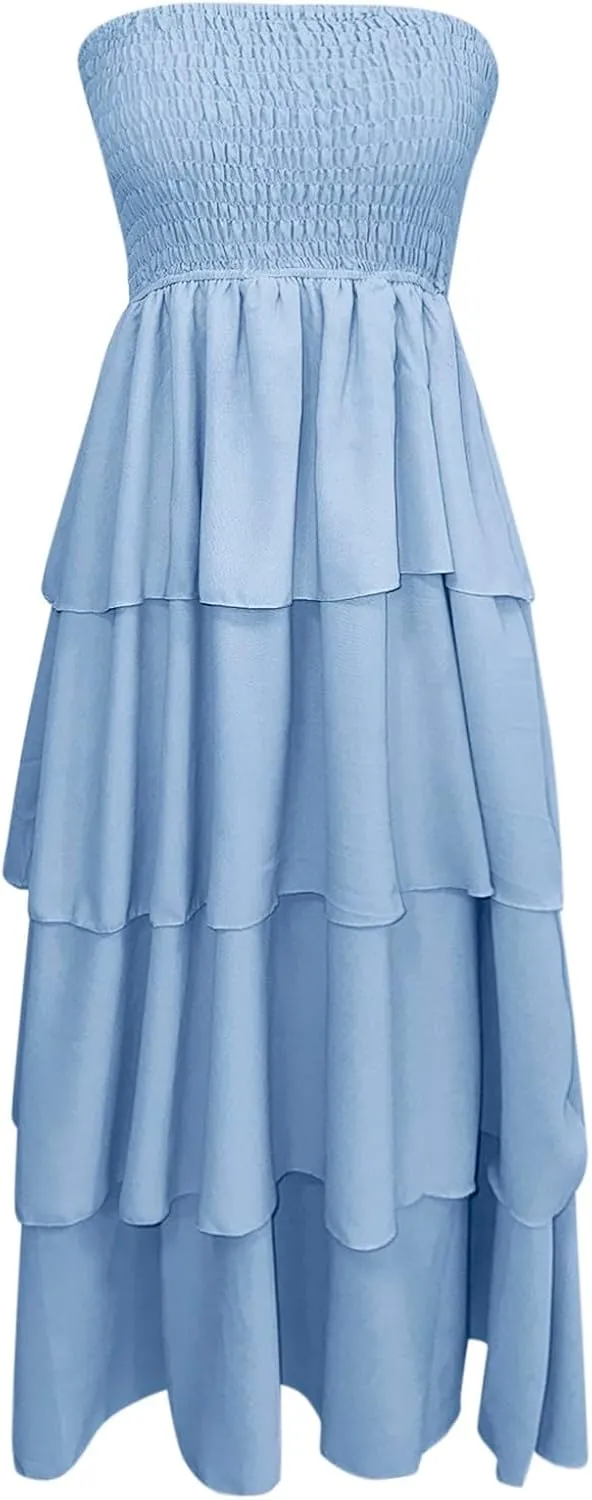 Prom Dresses for Wedding Guest Elegant Strapless Layered Tiered Ruffles Homecoming Maxi Dress Girls Night Out Outfits Women