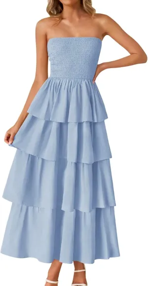 Prom Dresses for Wedding Guest Elegant Strapless Layered Tiered Ruffles Homecoming Maxi Dress Girls Night Out Outfits Women