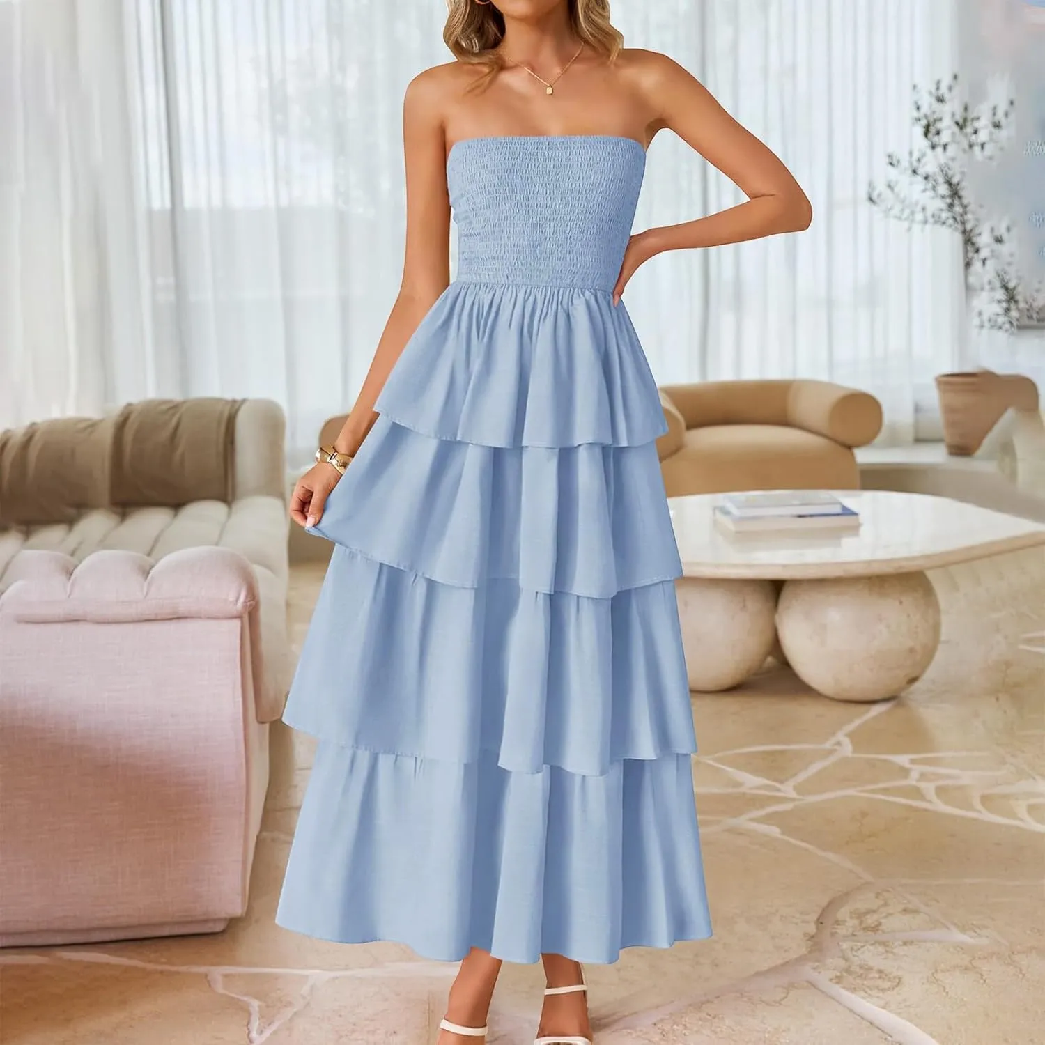 Prom Dresses for Wedding Guest Elegant Strapless Layered Tiered Ruffles Homecoming Maxi Dress Girls Night Out Outfits Women