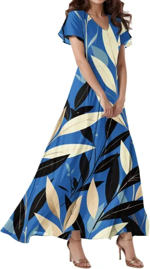 Prom Dresses,Flowy Wedding Guest Floral Maxi Dress Short Sleeve Semi Formal Spring Summer Dresses for Women 2025