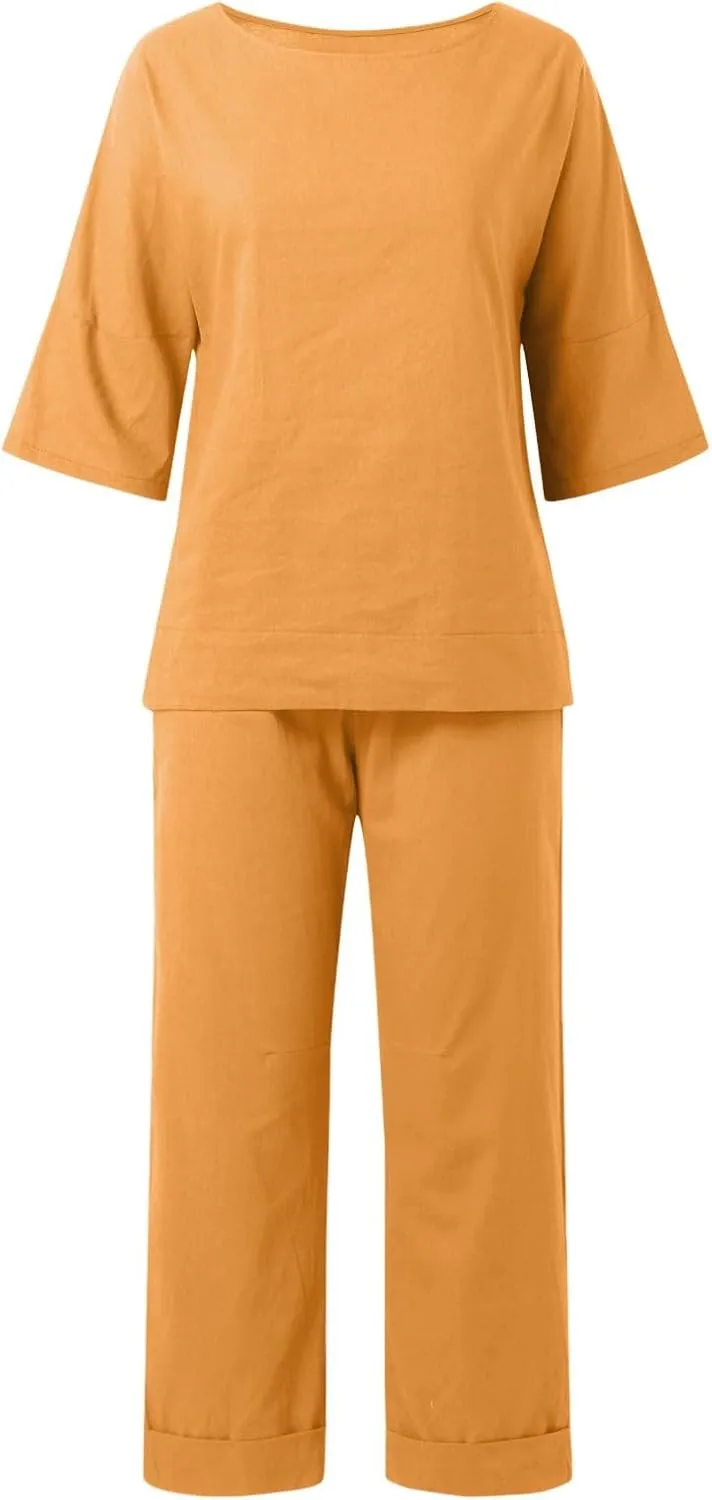 PTOLOCIF Womens 2 Piece Cotton Linen Outfits Summer Casual Loose 3/4 Sleeve Tops High Waist Wide Leg Capri Pants Sweatsuits