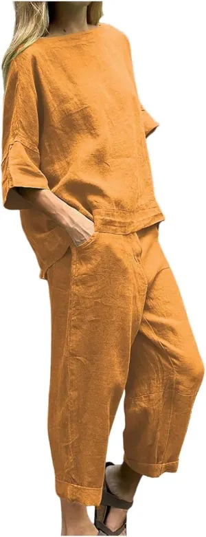 PTOLOCIF Womens 2 Piece Cotton Linen Outfits Summer Casual Loose 3/4 Sleeve Tops High Waist Wide Leg Capri Pants Sweatsuits