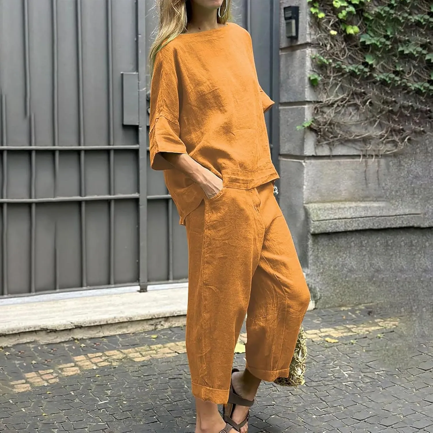 PTOLOCIF Womens 2 Piece Cotton Linen Outfits Summer Casual Loose 3/4 Sleeve Tops High Waist Wide Leg Capri Pants Sweatsuits