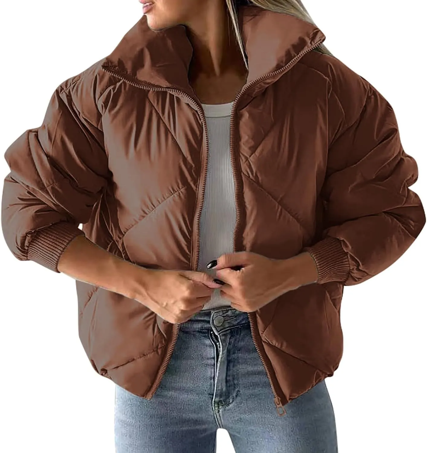 Quilted Puffer Jacket for Women Casual Puffy Zip Up Jackets with Pockets Warm Winter Padded Down Coats Outerwear