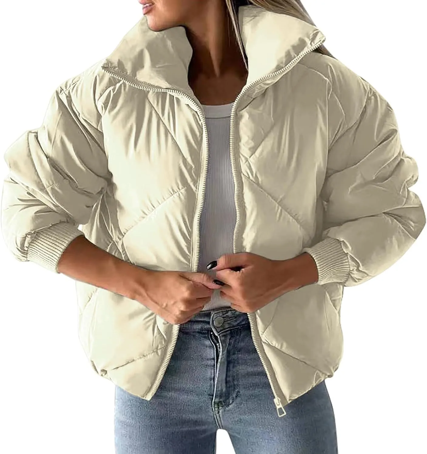 Quilted Puffer Jacket for Women Casual Puffy Zip Up Jackets with Pockets Warm Winter Padded Down Coats Outerwear