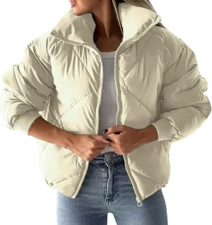 Quilted Puffer Jacket for Women Casual Puffy Zip Up Jackets with Pockets Warm Winter Padded Down Coats Outerwear