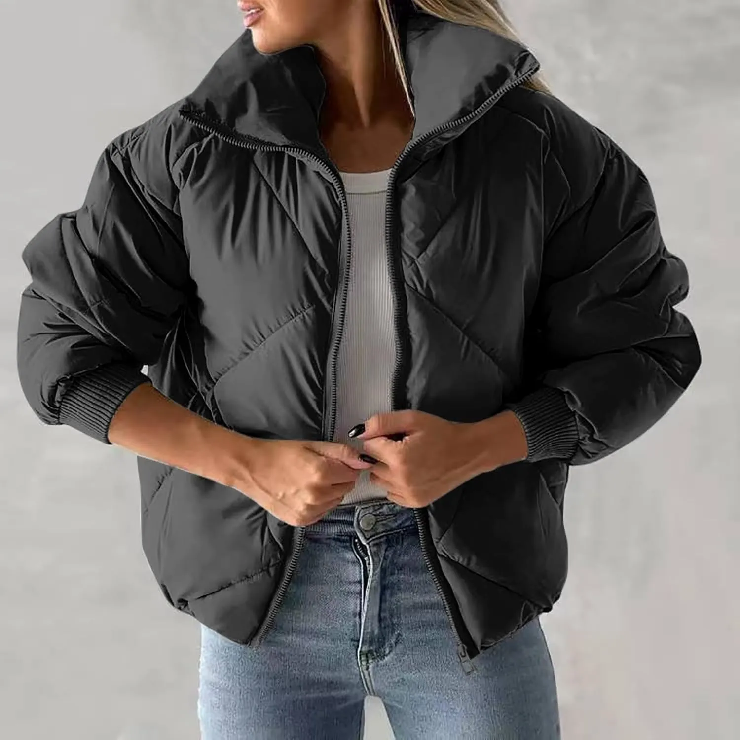 Quilted Puffer Jacket for Women Casual Puffy Zip Up Jackets with Pockets Warm Winter Padded Down Coats Outerwear