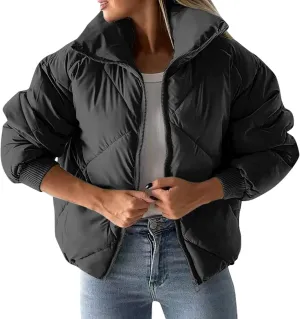 Quilted Puffer Jacket for Women Casual Puffy Zip Up Jackets with Pockets Warm Winter Padded Down Coats Outerwear