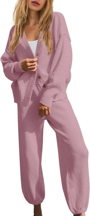 ReachMe Women's Loungewear Set - Cozy Knit Cardigan & Button Sweater 2 Piece Outfit