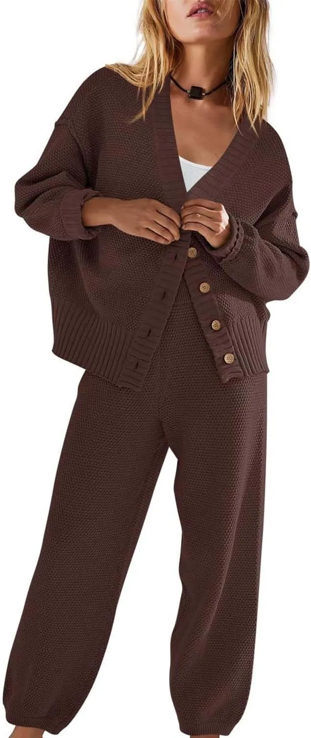 ReachMe Women's Loungewear Set - Cozy Knit Cardigan & Button Sweater 2 Piece Outfit