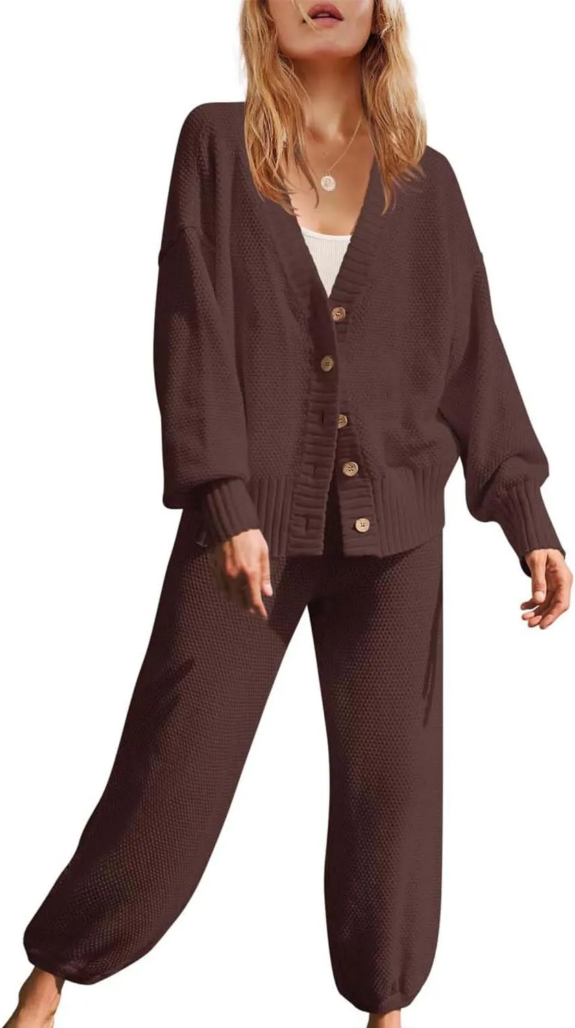 ReachMe Women's Loungewear Set - Cozy Knit Cardigan & Button Sweater 2 Piece Outfit