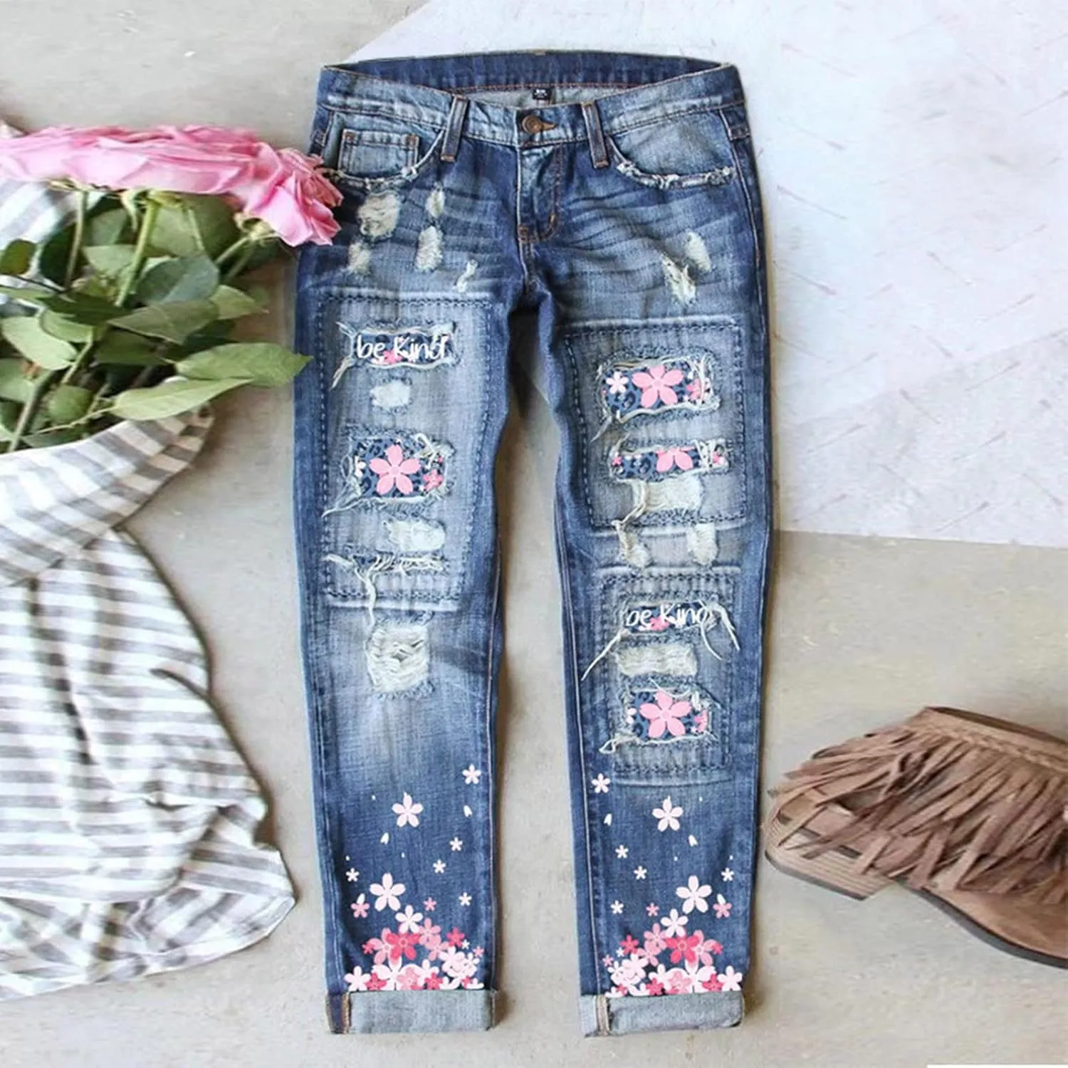 Ripped Jeans Womens Straight Leg Roll-up Denim Pants Classic Distressed Frayed Raw Hem Iron on Patches for Jeans