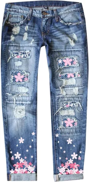Ripped Jeans Womens Straight Leg Roll-up Denim Pants Classic Distressed Frayed Raw Hem Iron on Patches for Jeans