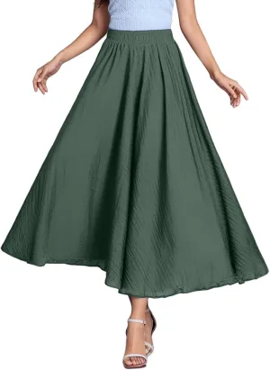 Ruffle Skirt Trendy Flared High Elastic Waist Solid Loose Pleated Long Skirts for Women Summer Vacation Clothes
