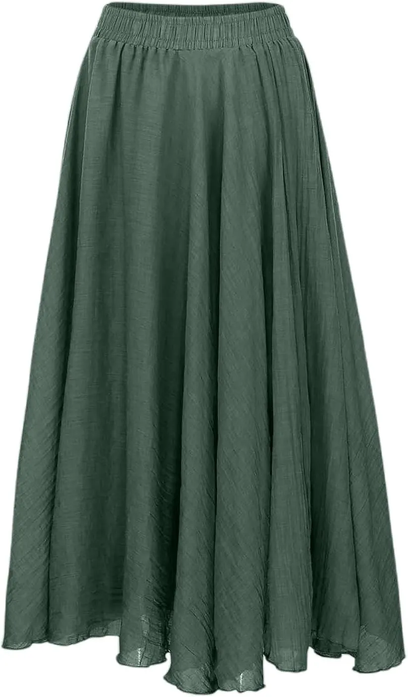 Ruffle Skirt Trendy Flared High Elastic Waist Solid Loose Pleated Long Skirts for Women Summer Vacation Clothes