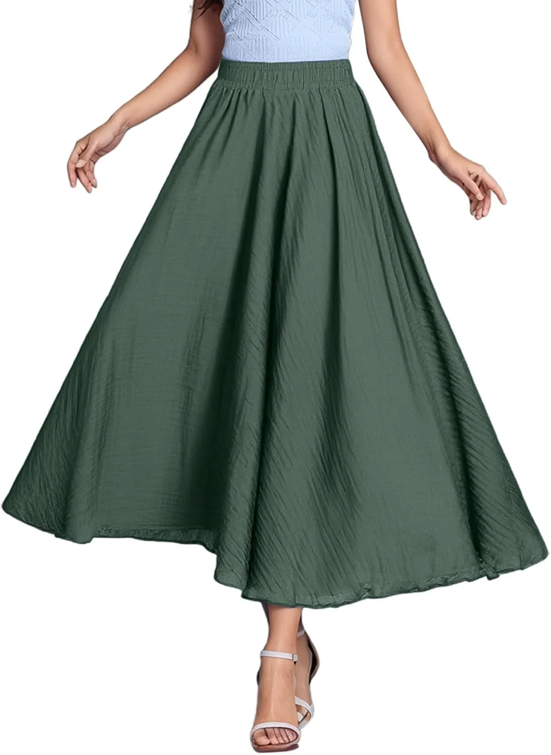 Ruffle Skirt Trendy Flared High Elastic Waist Solid Loose Pleated Long Skirts for Women Summer Vacation Clothes