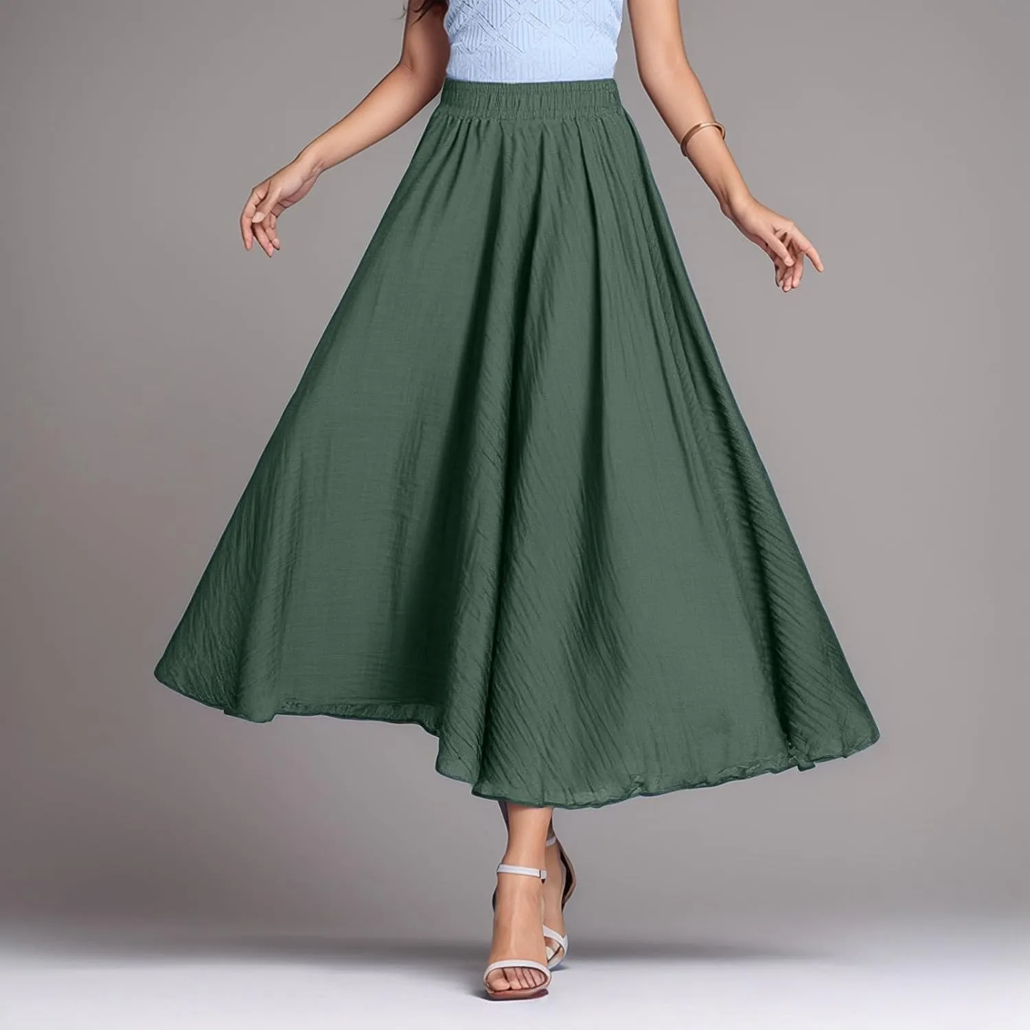 Ruffle Skirt Trendy Flared High Elastic Waist Solid Loose Pleated Long Skirts for Women Summer Vacation Clothes