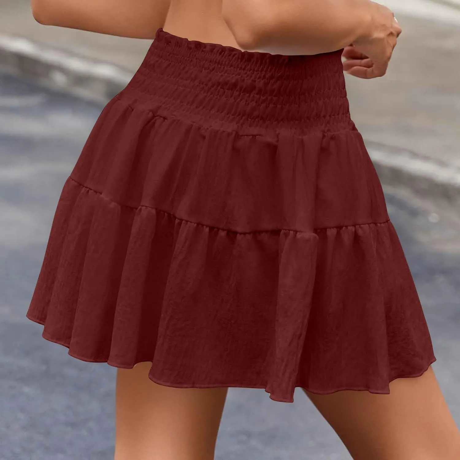 Ruffle Tiered Short Skirt for Women Summer Elastic Waisted Pleated Layer Skirts Casual Trendy Beach Vacation Skirt