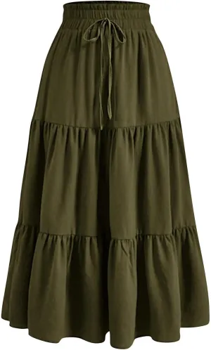 Ruffle Tiered Skirt for Women Summer High Waist Pleated A-Line Flowy Beach Skirts Casual Fashion Vacation Long Skirt
