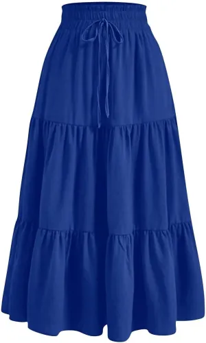 Ruffle Tiered Skirt for Women Summer High Waist Pleated A-Line Flowy Beach Skirts Casual Fashion Vacation Long Skirt