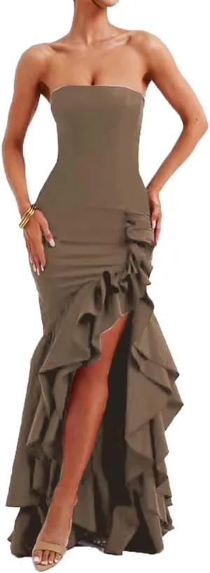 Ruffled Prom Dress for Women Corset Mermaid Formal Party Gowns with Slit