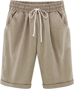 Rvidbe Women's Casual Summer Bermuda Shorts Drawstring Elastic Waist Long Linen Walk Short Knee Length with Pockets Denim Bermuda Shorts for Women Knee Length Shorts for Women High Waisted