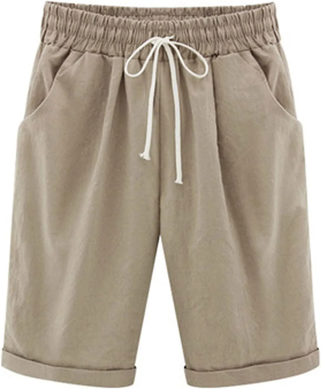 Rvidbe Women's Casual Summer Bermuda Shorts Drawstring Elastic Waist Long Linen Walk Short Knee Length with Pockets Denim Bermuda Shorts for Women Knee Length Shorts for Women High Waisted