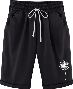 Rvide Bermuda Shorts for Women Knee Length Casual Elastic Waist Drawstring Workout Beach Cotton Long Shorts with Pockets High Waisted Shorts Women Plus Size Shorts for Women