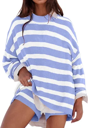 SAFRISIOR Striped Lounge Sets for Women 2 Piece Oversized Outfits Long Sleeve Tops and Shorts Sweater Pajama Set