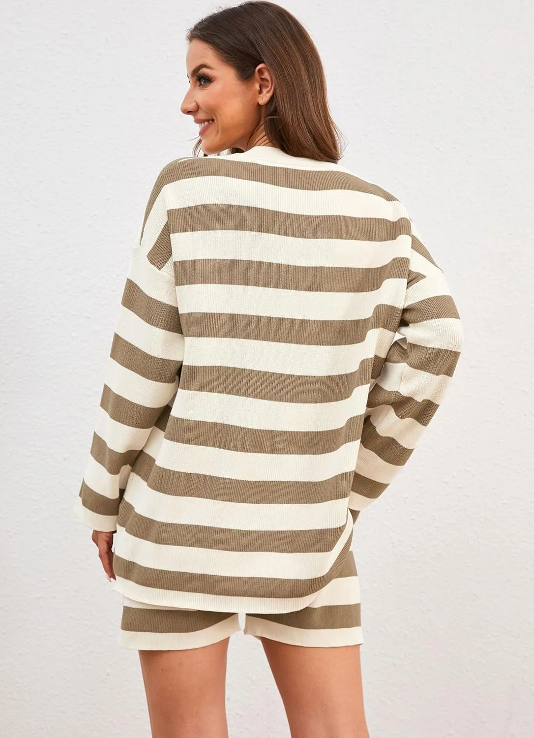 SAFRISIOR Womens 2 Piece Striped Sweater Set Oversized Lounge Twin Sets Matching Pajamas Long Sleeve Top and Shorts
