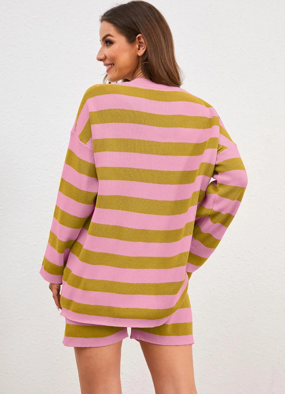 SAFRISIOR Womens 2 Piece Striped Sweater Set Oversized Lounge Twin Sets Matching Pajamas Long Sleeve Top and Shorts