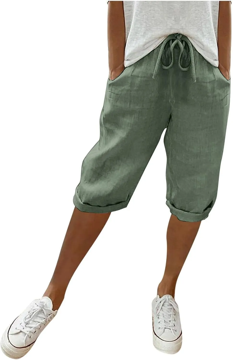 sdbrld Linen Shorts for Women Pull On Knee-Length Bermuda Shorts Plus Size Drawstring Casual Summer High Waisted Shorts 2024