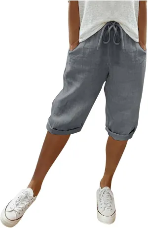 sdbrld Linen Shorts for Women Pull On Knee-Length Bermuda Shorts Plus Size Drawstring Casual Summer High Waisted Shorts 2024