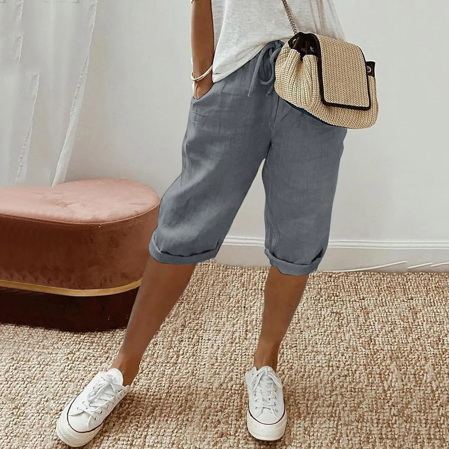 sdbrld Linen Shorts for Women Pull On Knee-Length Bermuda Shorts Plus Size Drawstring Casual Summer High Waisted Shorts 2024