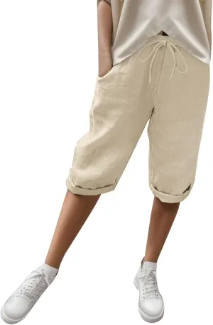 sdbrld Linen Shorts for Women Pull On Knee-Length Bermuda Shorts Plus Size Drawstring Casual Summer High Waisted Shorts 2024