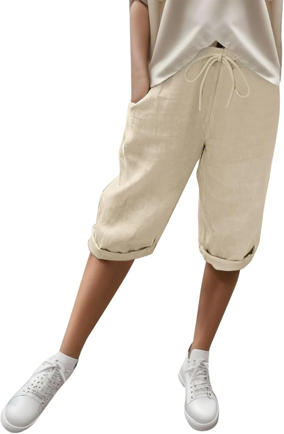sdbrld Linen Shorts for Women Pull On Knee-Length Bermuda Shorts Plus Size Drawstring Casual Summer High Waisted Shorts 2024