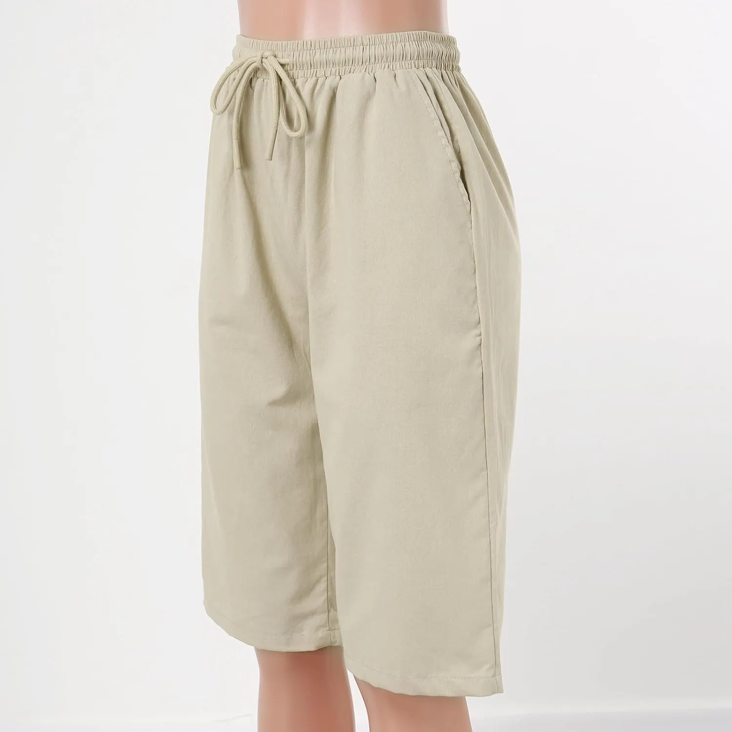 sdbrld Linen Shorts for Women Pull On Knee-Length Bermuda Shorts Plus Size Drawstring Casual Summer High Waisted Shorts 2024