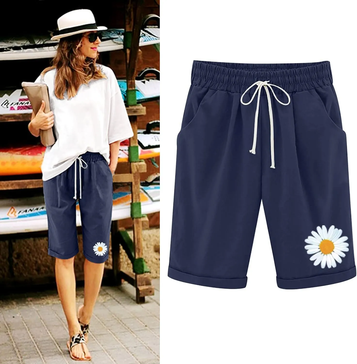 sdbrld Shorts for Women Trendy Knee-Length Bermuda Shorts Summer Floral Plus Size Beach Long Shorts Elastic Waist Drawstring