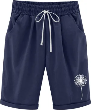 sdbrld Shorts for Women Trendy Knee-Length Bermuda Shorts Summer Floral Plus Size Beach Long Shorts Elastic Waist Drawstring