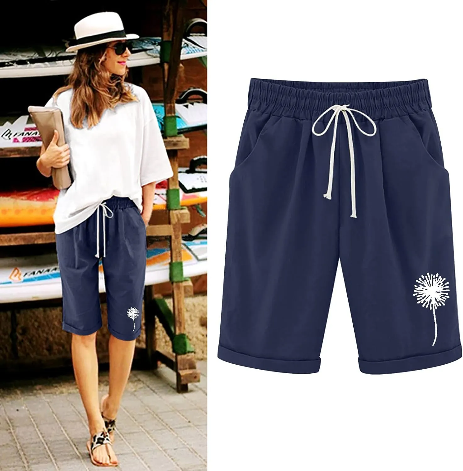 sdbrld Shorts for Women Trendy Knee-Length Bermuda Shorts Summer Floral Plus Size Beach Long Shorts Elastic Waist Drawstring