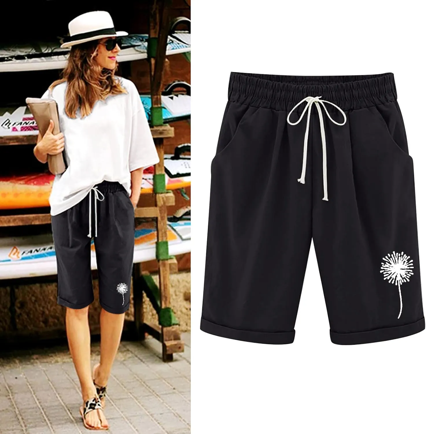 sdbrld Shorts for Women Trendy Knee-Length Bermuda Shorts Summer Floral Plus Size Beach Long Shorts Elastic Waist Drawstring