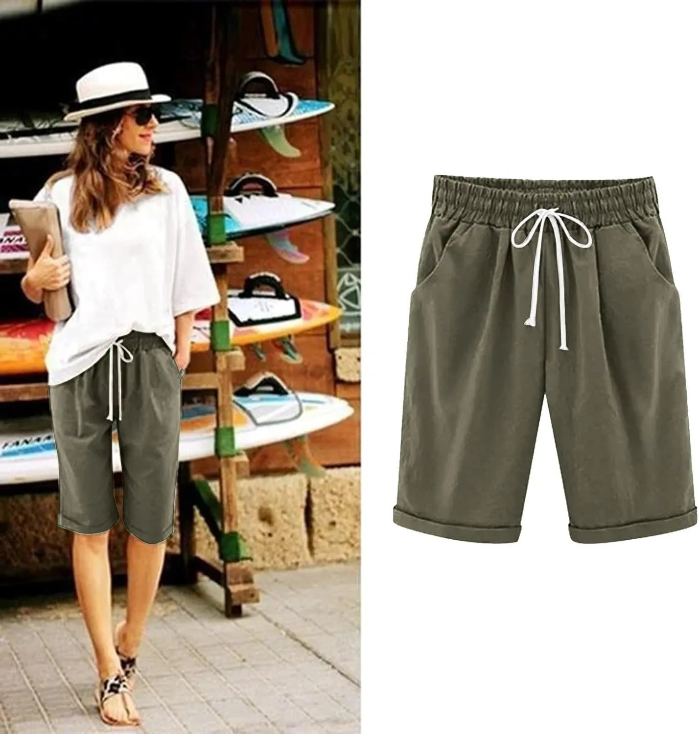sdbrld Shorts for Women Trendy Knee-Length Bermuda Shorts Summer Floral Plus Size Beach Long Shorts Elastic Waist Drawstring