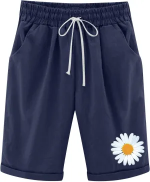 sdbrld Shorts for Women Trendy Knee-Length Bermuda Shorts Summer Floral Plus Size Beach Long Shorts Elastic Waist Drawstring