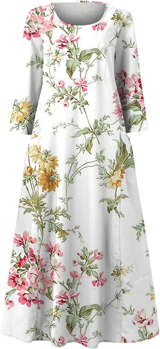 Segaven Womens Dresses Boho Flowy 3/4 Sleeve Sundresses with Pocket U Neck Printed Maxi Dresses Casual Beach Dress