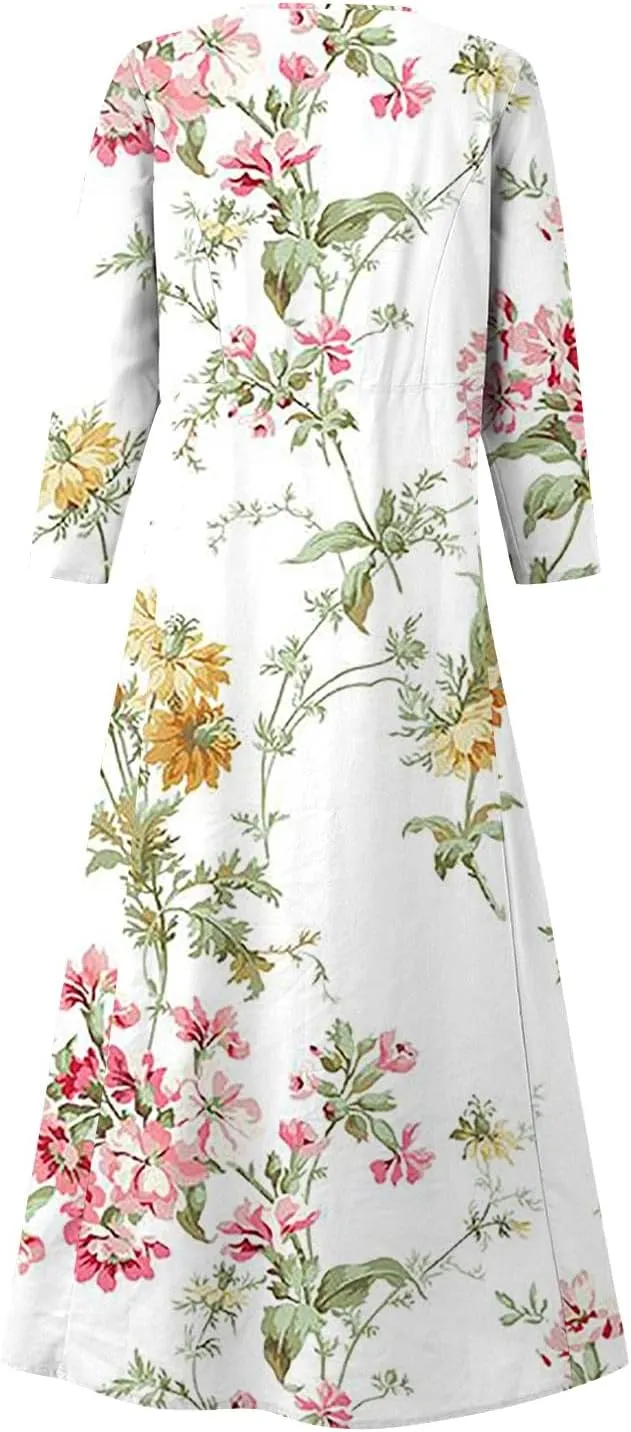 Segaven Womens Dresses Boho Flowy 3/4 Sleeve Sundresses with Pocket U Neck Printed Maxi Dresses Casual Beach Dress