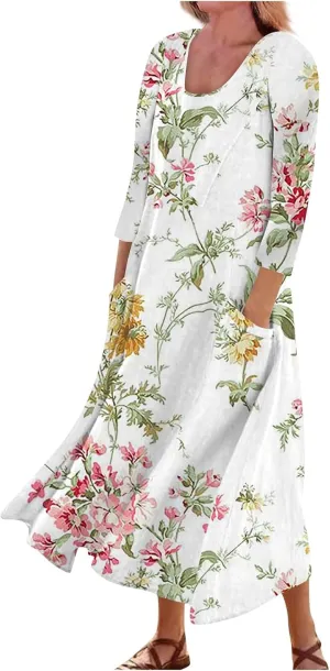 Segaven Womens Dresses Boho Flowy 3/4 Sleeve Sundresses with Pocket U Neck Printed Maxi Dresses Casual Beach Dress