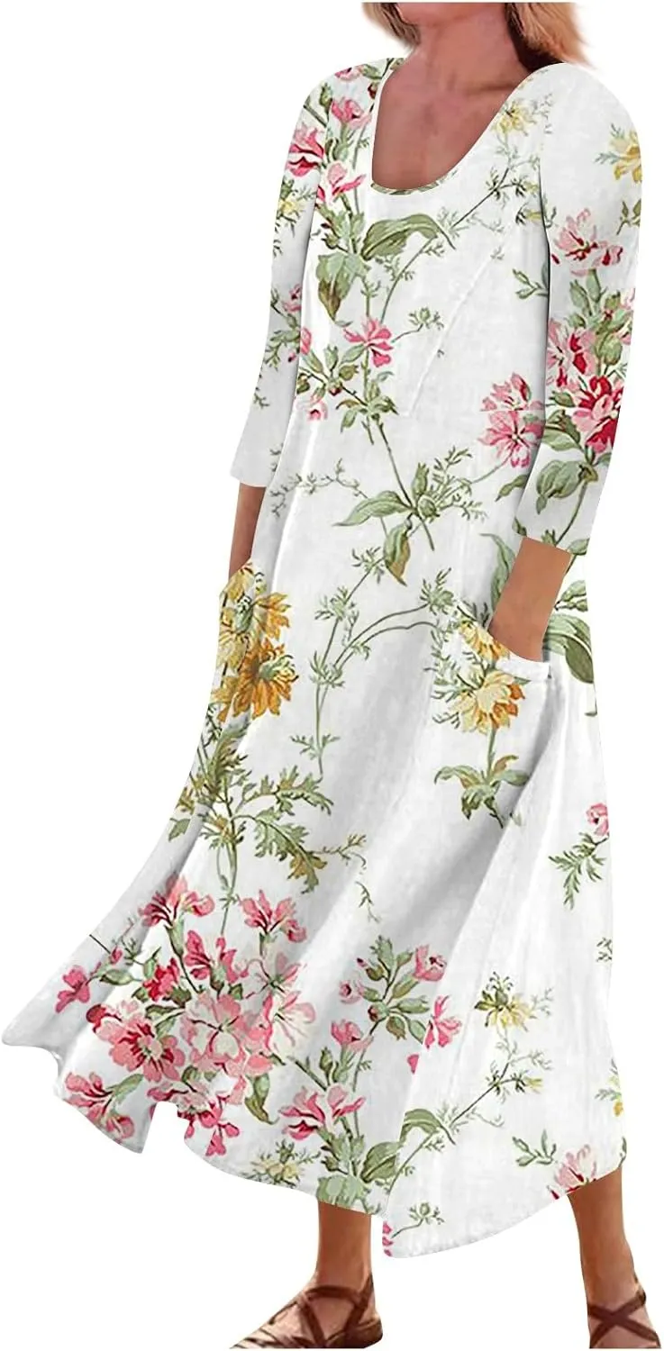 Segaven Womens Dresses Boho Flowy 3/4 Sleeve Sundresses with Pocket U Neck Printed Maxi Dresses Casual Beach Dress